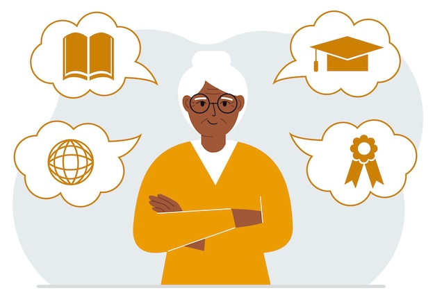 Happy grandmother with thoughts about learning. internet profession, higher education, stock exchange, financial literacy. various icons about education.