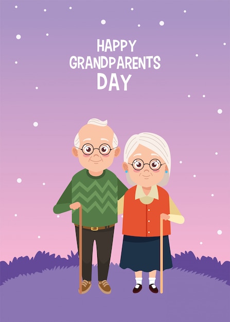 Happy grandparents day card with old couple in camp