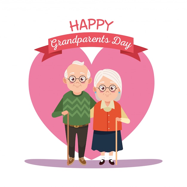 Happy grandparents day card with old couple in heart illustration