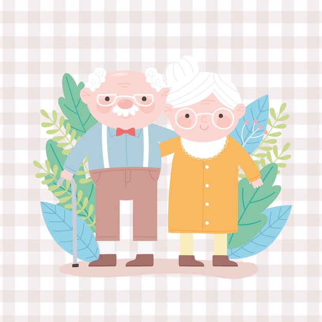 Happy grandparents day, grandpa grandma together leaves foliage character cartoon card