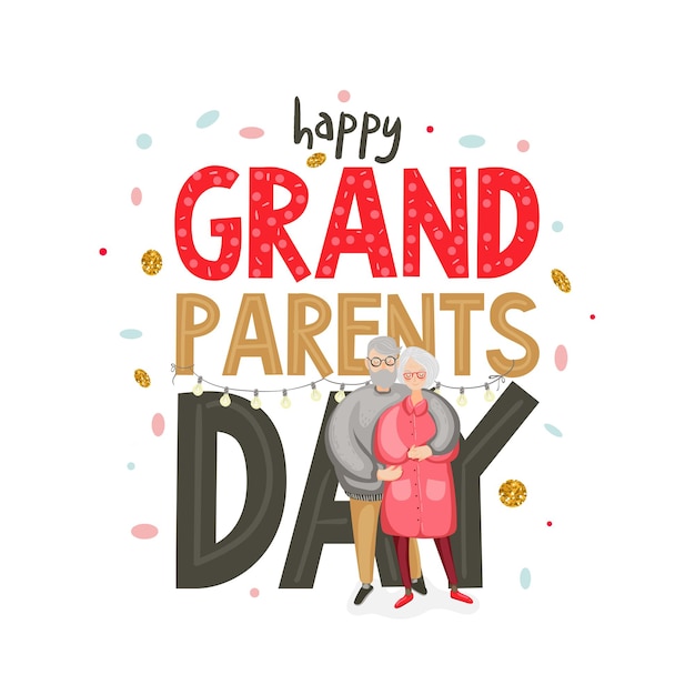 Happy grandparents day greeting card, banner, poster, flyer, sticker with happy grandfather and grandmother. vector eps 10