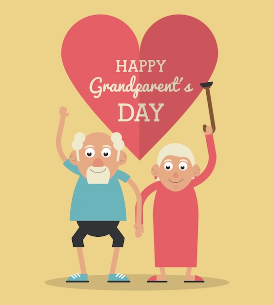 恋人と幸せな祖父母の日と彼女は杖を上げる