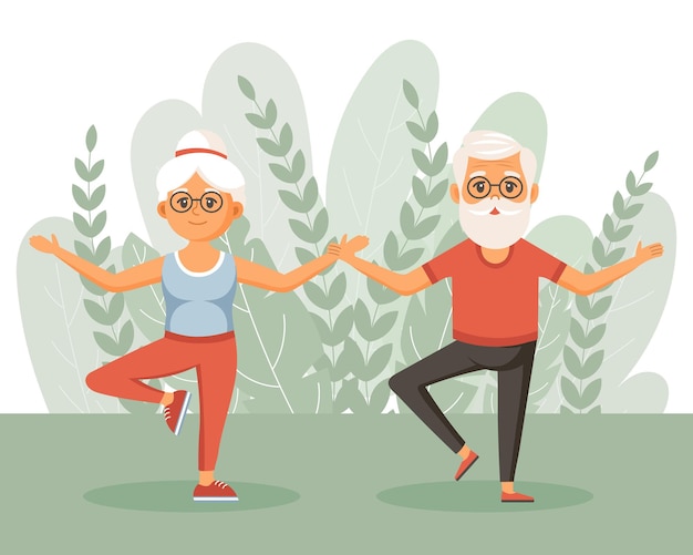 Вектор Счастливые бабушки и дедушки ходят на спортивные прогулки по йоге, пара пожилых людей занимается спортом.
