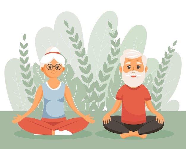 happy grandparents go in for sports yoga walks a couple of elderly people are exercising