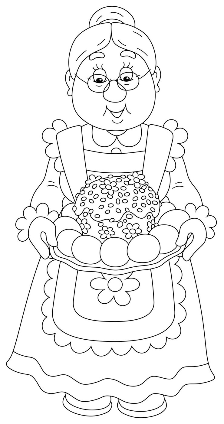 Vector happy granny with a fancy easter cake