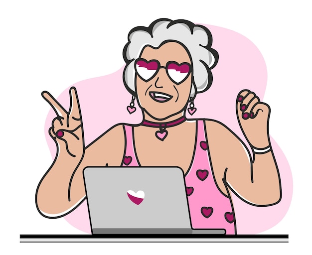 Happy granny with laptop vector illustration A fashionable modern old woman in glasses and a pink