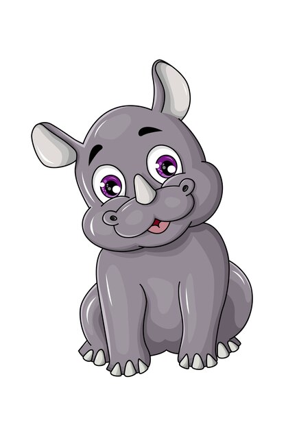 A happy gray one horned rhino with purple eyes, design animal cartoon  illustration