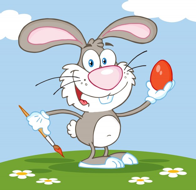 Happy Gray Rabbit Painting Easter Egg 