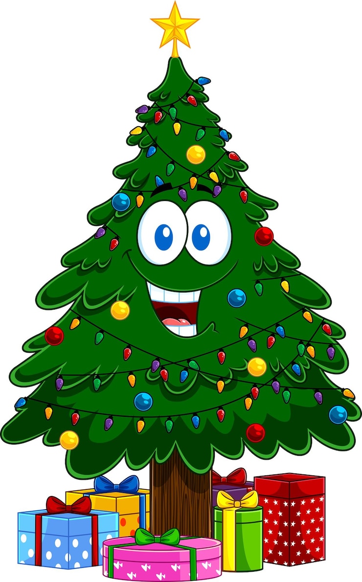 Vector happy green christmas tree cartoon character decorations with star, balls and holiday gift boxes.