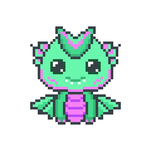 Happy green pixel dragons kawaii mythical funny dinosaur with fantasy 8bit graphics