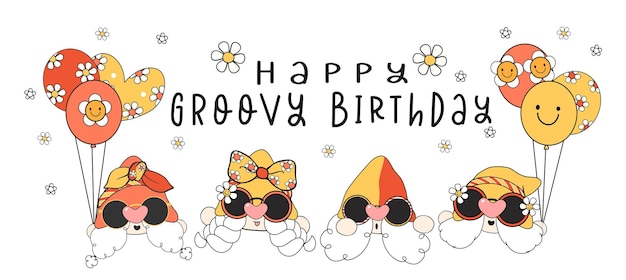 Happy groovy birthday greeting card group of cute vintage retro gnome faceless heads with balloons