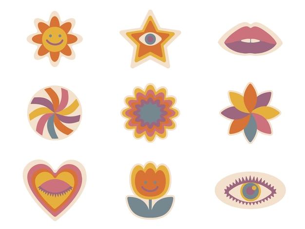 Vector happy groovy hippie stickers and prints. flowers, hearts, eyes, lips, mushrooms, star.