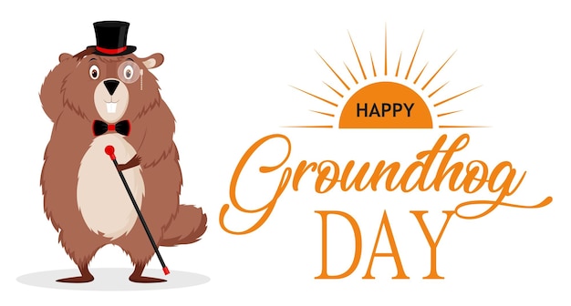 Happy groundhog day banner con l'immagine di una divertente ed elegante marmotta con un vestito