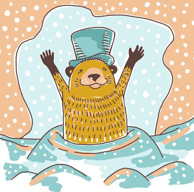 Carta del giorno della marmotta felice roditore in cilindro blu che tiene le mani in aria guardando la sua ombra