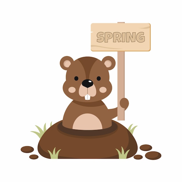 Vector happy groundhog day cute animal holds sign with inscription spring in its paws weather prediction february 2