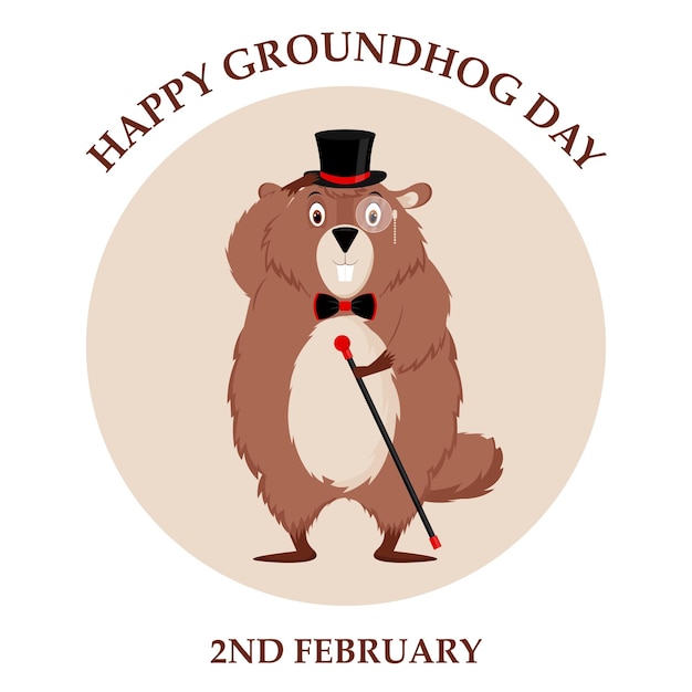 Vector happy groundhog day. design of a funny and cute groundhog character for the design of banners, websites, fabric prints, stickers, icons. vector cartoon style.