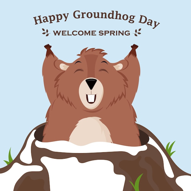Happy groundhog day design with a cute groundhog character that pops out of a hole
