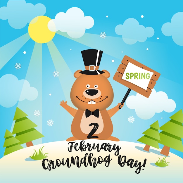 Happy groundhog day design with cute groundhog.