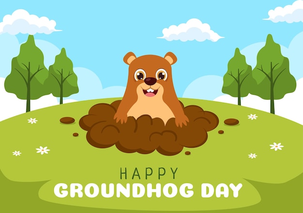 Happy groundhog day on february 2 with cute marmot character and garden background illustration