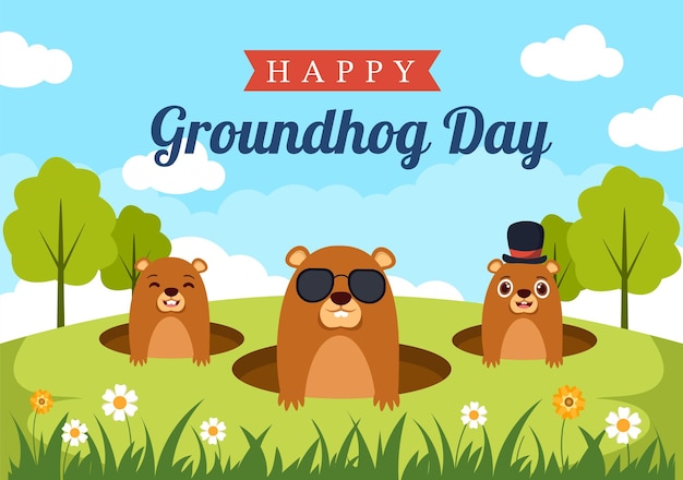 Happy Groundhog Day on February 2 with Cute Marmot Character and Garden Background Illustration