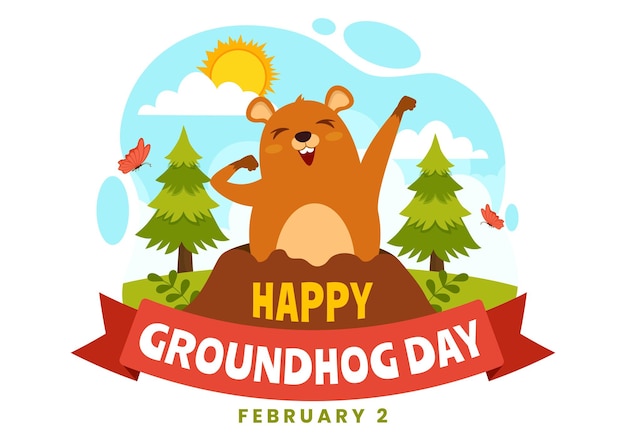 Vector happy groundhog day illustration on february 2 with a groundhog animal emerged from the hole land