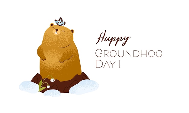 Vector happy groundhog day inscription on card with cute brown marmot waking up and coming out from its hole in february to greet spring. color flat textured vector illustration isolated on white background.