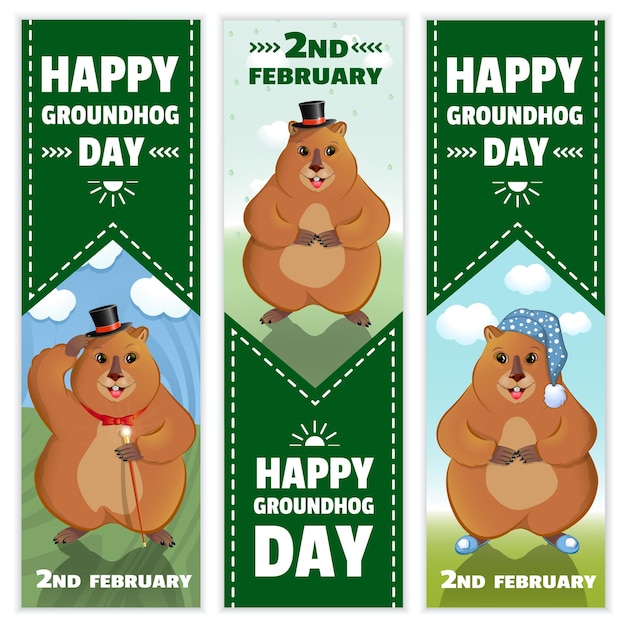 Happy groundhog day is een lentevakantie. 2 februari. set van verticale banners. marmot met een wandelstok, in een bolhoed, in een slaapmuts en pantoffels. vectorafbeeldingen.