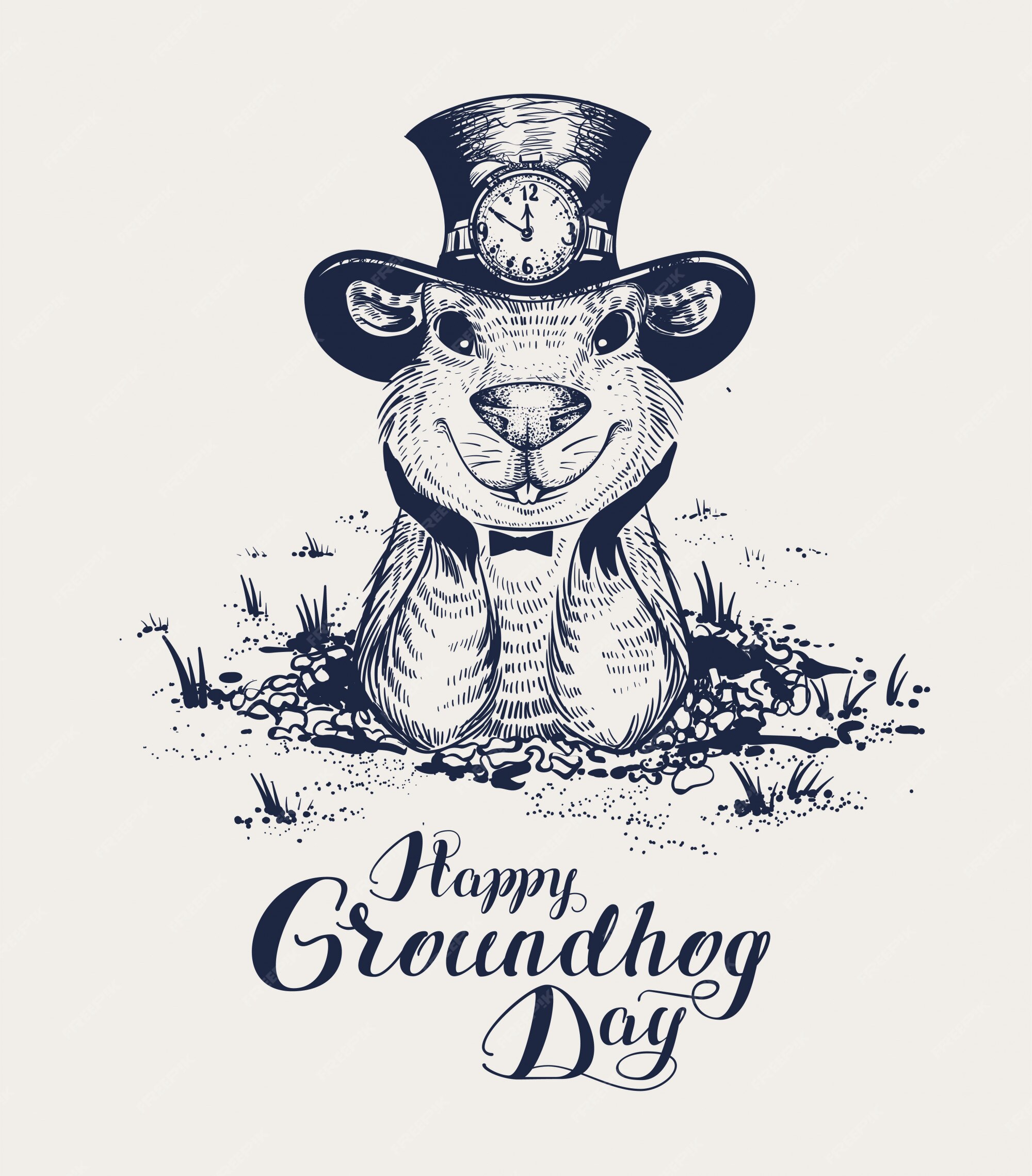 Premium Vector | Happy groundhog day lettering text for greeting card. funny  marmot in hat gets out of hole and looks forward