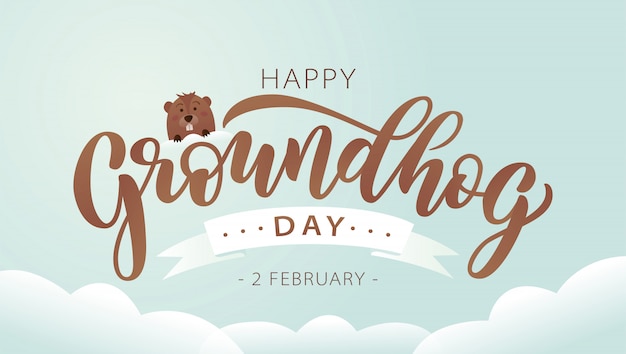 Happy groundhog day. lettering text with cute groundhog.