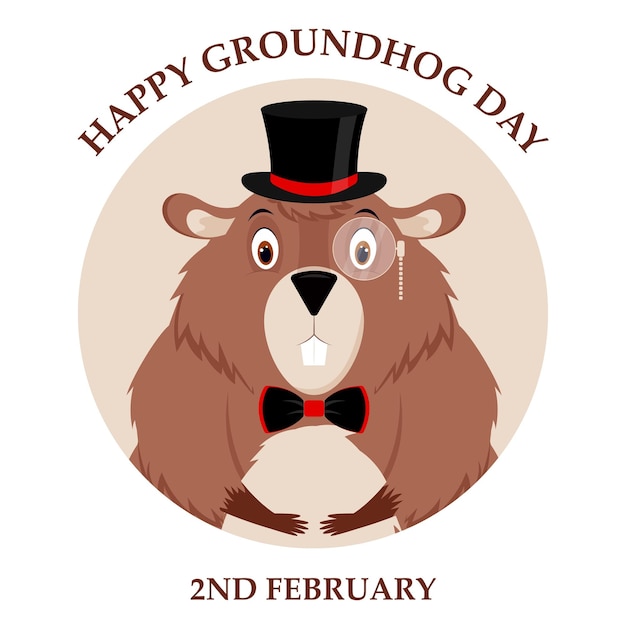 Happy Groundhog Day Ontwerp van een grappig en schattig groundhog-personage voor het ontwerp van banners, websites, stofafdrukken, stickers, pictogrammen Vector cartoonstijl