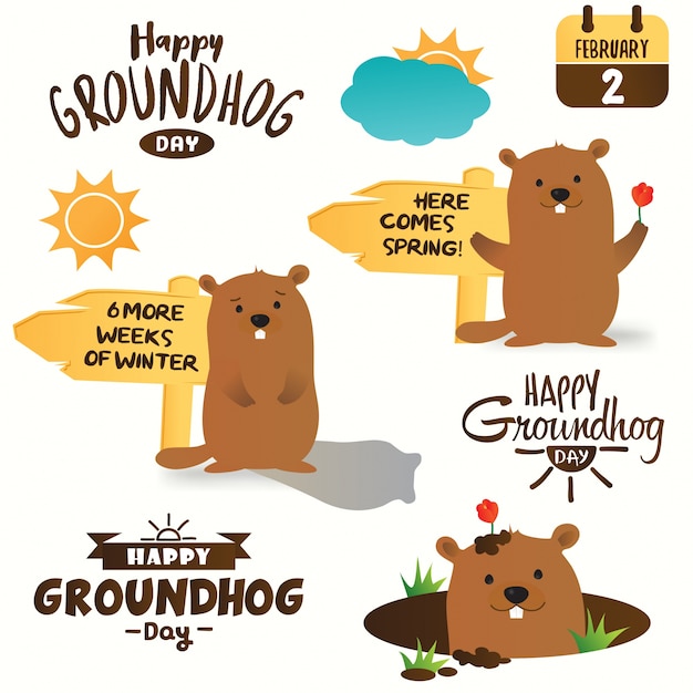 Happy groundhog day typographic design. set of marmot cartoon illustrations