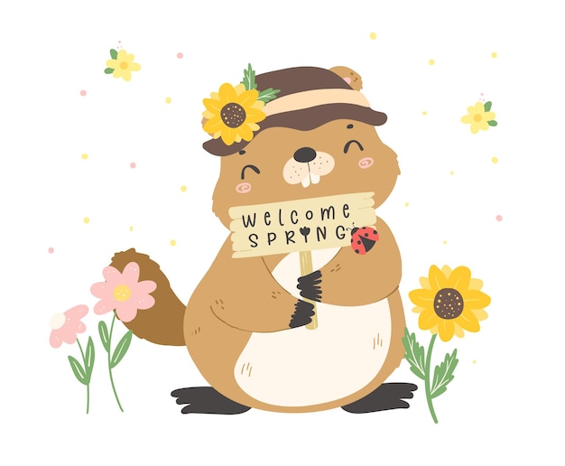 Vector happy groundhog day with cheerful cartoon groundhog holding spring sign