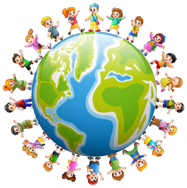 Vector happy group of children standing around the world