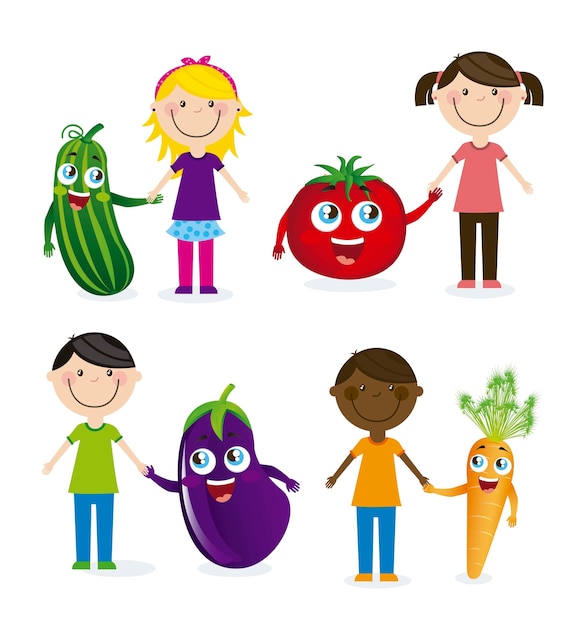 Happy group children and vegetables vector illustration