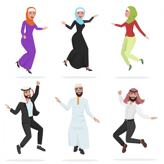 Happy group of cute arab people jumping.