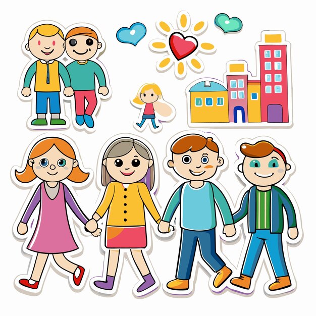 Vector happy group of friends holding hands walking down the street