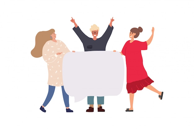 Vector happy group of friends standing together and holding blank banner. flat cartoon colorful  illustration.