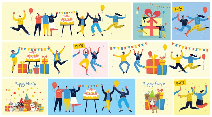 Vector 사람들의 행복한 그룹은 밝은 배경에서 생일을 축하합니다
