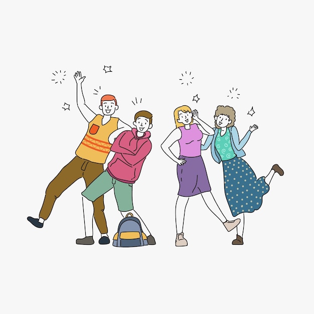 Happy group of people having fun and dancing together Vector outline illustration