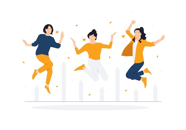 Vector happy group of people jumping from joy fun young female teen girl excited celebrating success achievement happiness freedom concept illustration