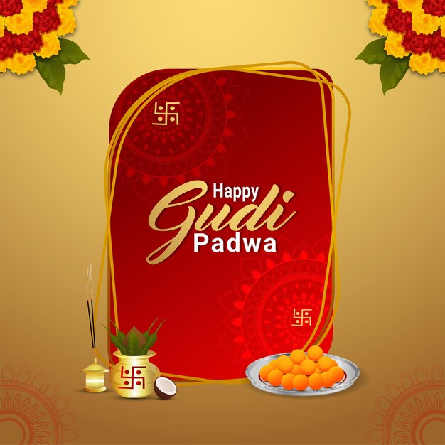 Happy gudi padwa design concept with realistic kalash and sweets