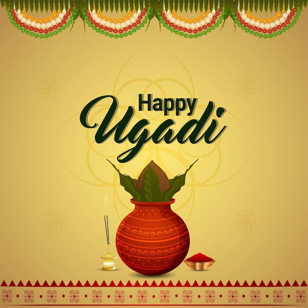 Vector happy gudi padwa greeting card with kalash
