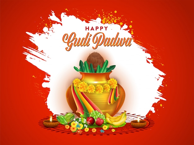 Happy Gudi Padwa illustration with Golden Worship Pot (Kalash), Fruits, Flowers, Illuminated Oil Lamps and White Brush Stroke Effect on Red