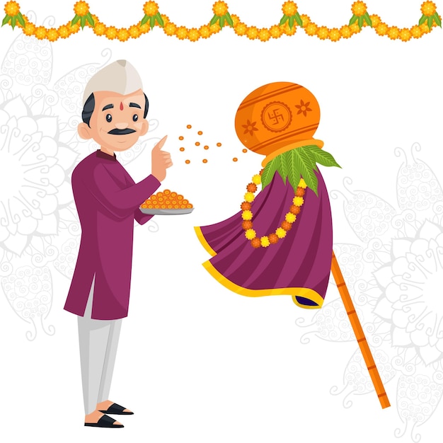 Happy gudi padwa indian festival banner design with man doing worship