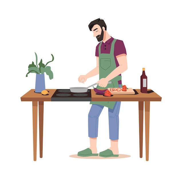 幸せな男は、鍋と木製のテーブルでストーブで夕食を調理する食品分離フラット漫画男を揚げる
