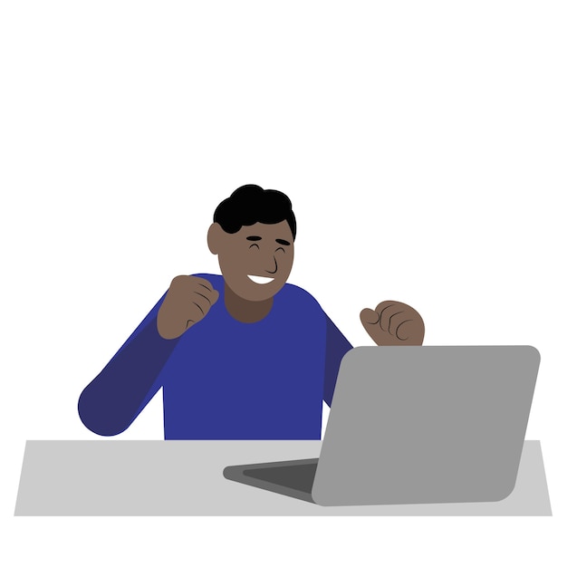 Vector happy  guy sits in front of a laptop and raised his fists up, flat vector, isolate on a white