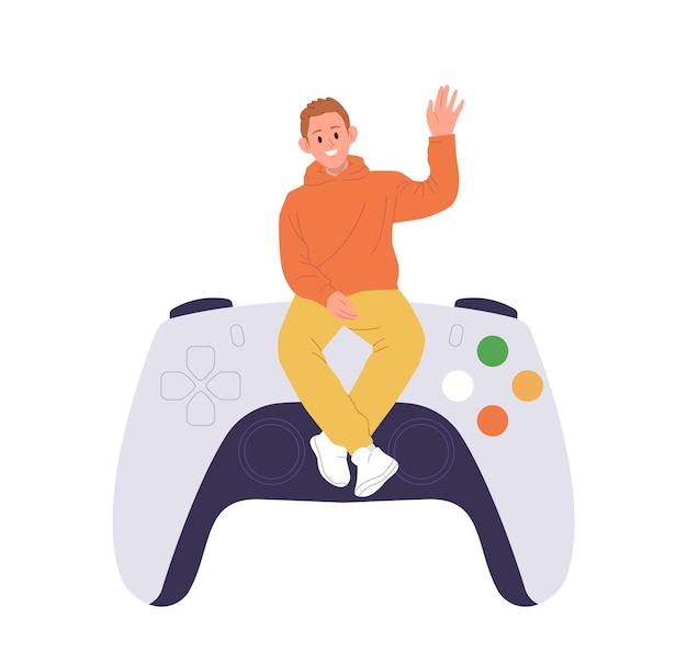 Happy guy tiny cartoon character sitting on huge game console isolated on white background