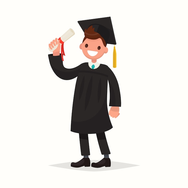 Happy guy university graduate in black gown illustration