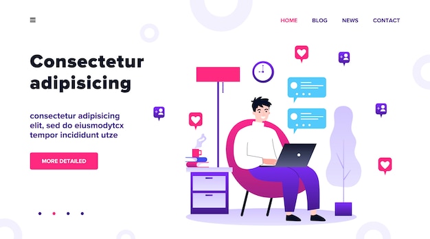 オンラインチャットにコンピューターを使用して幸せな男。自宅の肘掛け椅子に座っているラップトップを持つ若者。コミュニケーション、ソーシャルメディアネットワーク、デジタルマーケティングの概念図