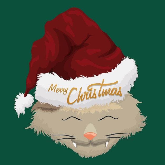 Vector happy hairy kitty with furry santa's hat on green background